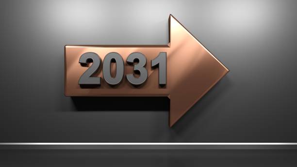 2031 copper arrow at satin black wall - 3D rendering illustration stock photo