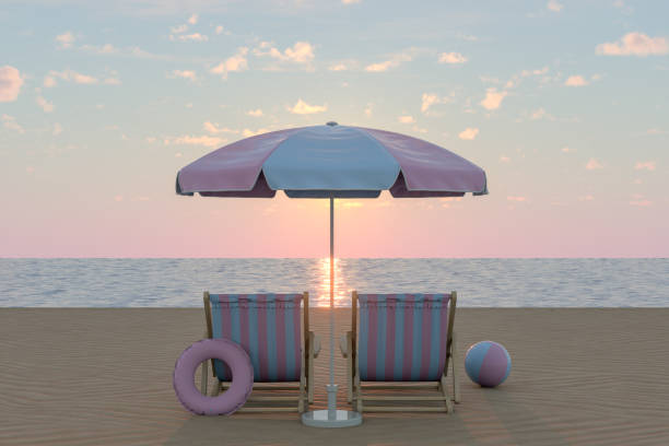 3d rendering of beach chair and umbrella. Summer, travel destinations concept.