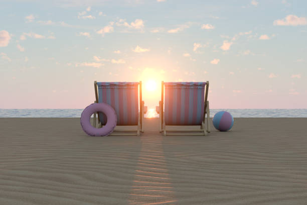 3d rendering of beach chairs and beach ball. Summer, travel destinations concept.