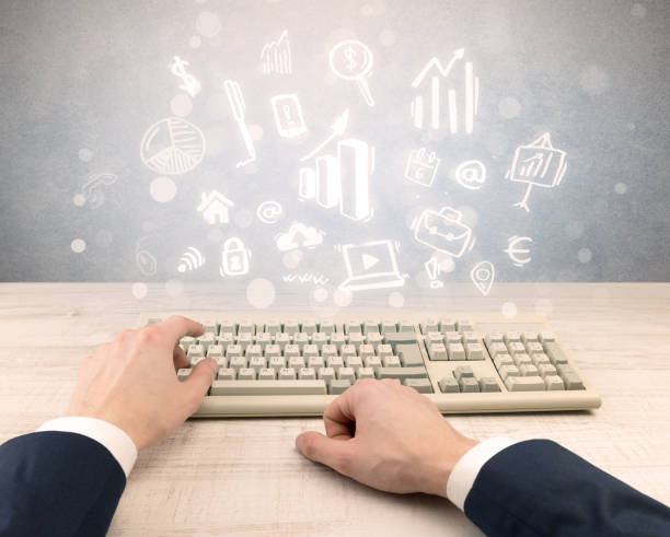 istock Elegant businessman hand typing with doodle report and chart concept 1202506375