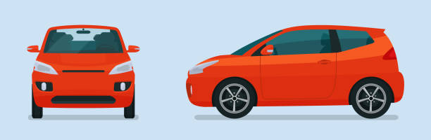 Compact hatchback car two angle set. Car side and front view. Vector flat illustration. Compact hatchback car two angle set. Car side and front view. Vector flat illustration. hatchback side stock illustrations