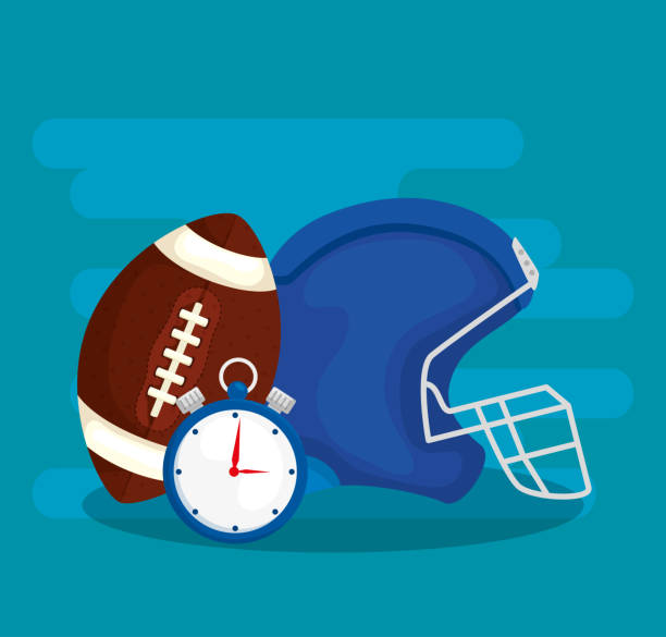 helmet with chronometer and ball american football helmet with chronometer and ball american football vector illustration design football helmet and ball stock illustrations