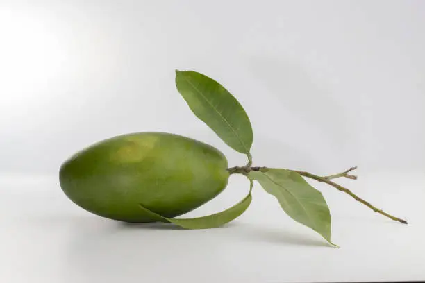 Photo of Delicious ripe mango with green leaf on white background.