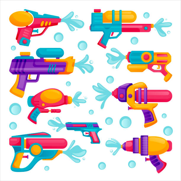 ilustraciones, imágenes clip art, dibujos animados e iconos de stock de conjunto de iconos de pistolas de agua. ilustración vectorial de dibujos animados planos. juguetes acuáticos para niños multicolor para jugar en la playa de verano - pistola de agua