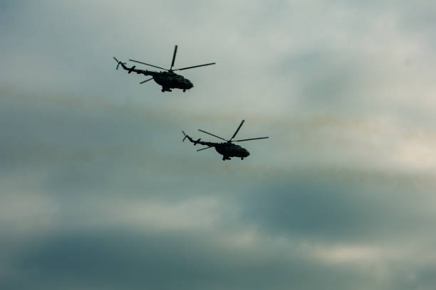 istock Military helicopter fired anti-armor missiles at sunset 1202510872