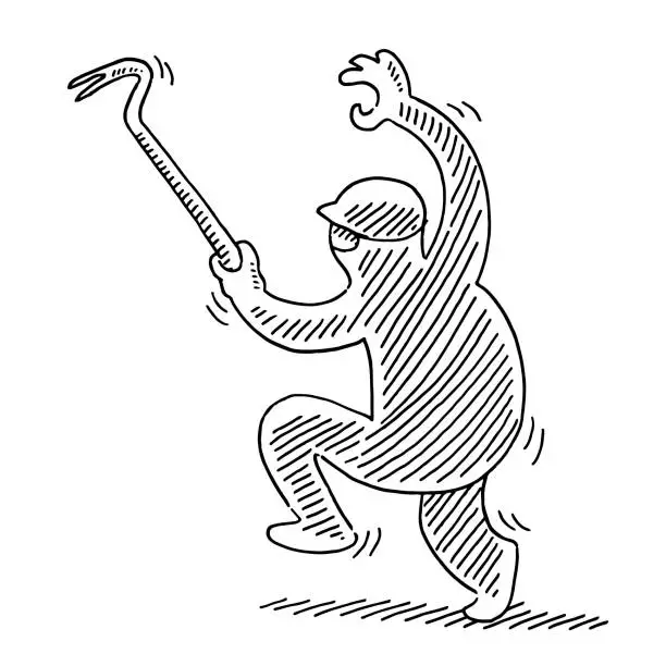 Vector illustration of Cartoon Burglar With Crowbar Drawing