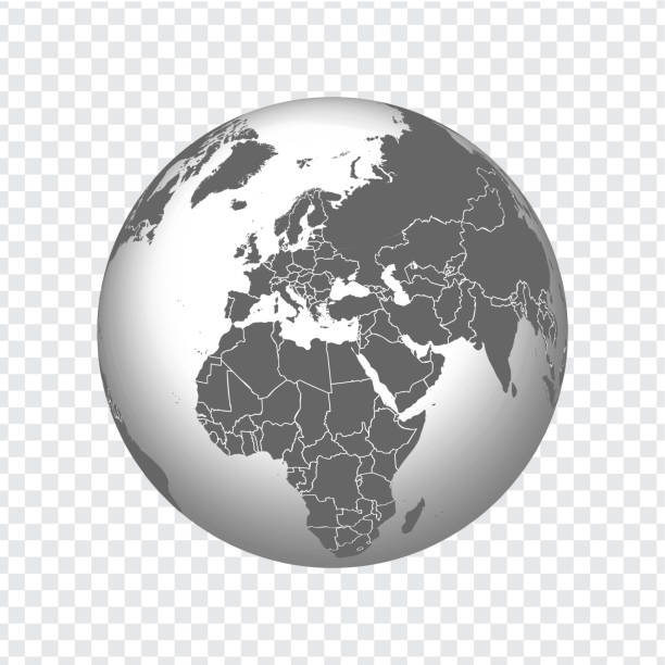 illustrazioni stock, clip art, cartoni animati e icone di tendenza di globo della terra con confini di tutti i paesi. icona 3d globo in grigio su sfondo trasparente. mappa del mondo di alta qualità in grigio.  europa, nord africa. illustrazione vettoriale. eps10. - spain map three dimensional shape cartography