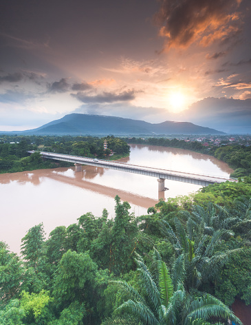 Aerial view Bridge across over the Mekong River at Pakse Champasak Laos.