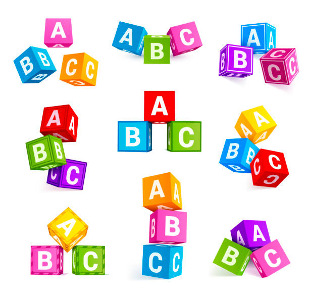 Childish alphabetical cubes, educational toys vector realistic illustrations set Childish alphabetical cubes, educational toys vector realistic illustrations set. Language learning, early education. 3D colorful blocks compositions collection isolated on white background alphabetical order stock illustrations