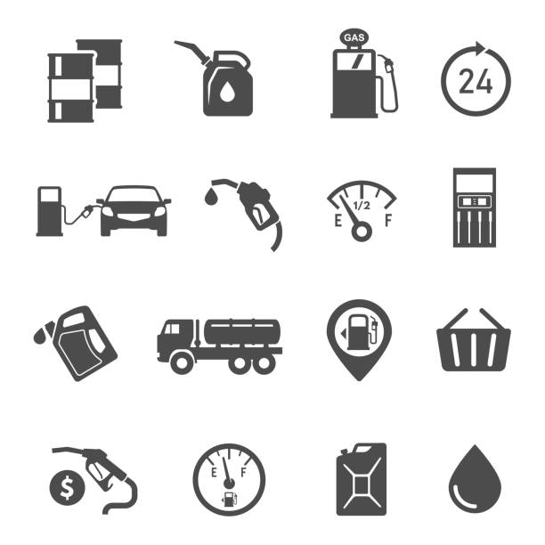 Gasoline station items, refueling equipment glyph icons set Gasoline station items, refueling equipment glyph icons set. Oil service, petrol industry. Petrol station attributes monochrome simple vector illustrations collection isolated on white background benzine stock illustrations