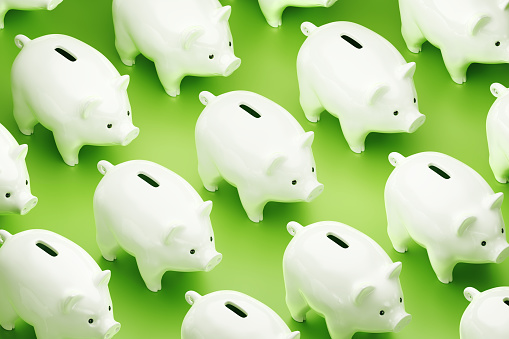 White colored piggy banks arranged to rows and placed on reflective green surface. 3D rendering graphics on the theme of 'Banking / Financial Accountancy'.