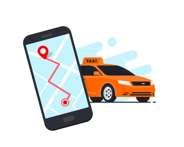ilustrações de stock, clip art, desenhos animados e ícones de taxi mobile application concept - smart phone mobility computer icon concepts