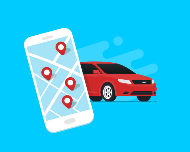 Car sharing and rent service Car sharing and rent service. Online ordering for smartphone. Mobile app ordering automobile vehicle with location mark rent car sharing. Flat vector illustration. mobility as a service stock illustrations