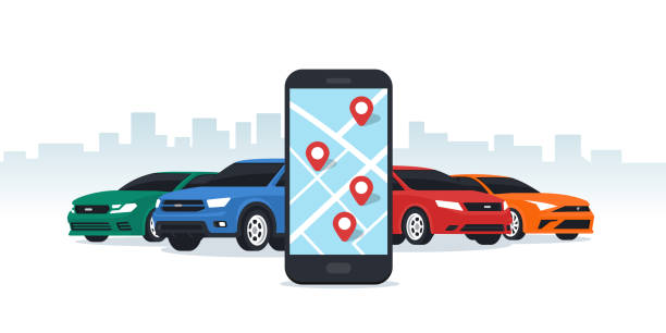 Car sharing and rent service Car sharing and rent service. Online ordering for smartphone. Mobile app ordering automobile vehicle with location mark rent car sharing. Flat vector illustration. uber driver stock illustrations