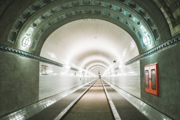 view into the illuminated old Elbtunnel in Hamburg