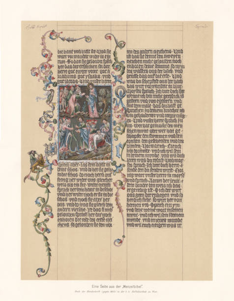wenzelsbibel (prag, 1390/1400), faximile (chromolithograph), erschienen 1897 - manuscript medieval medieval illuminated letter old stock-grafiken, -clipart, -cartoons und -symbole