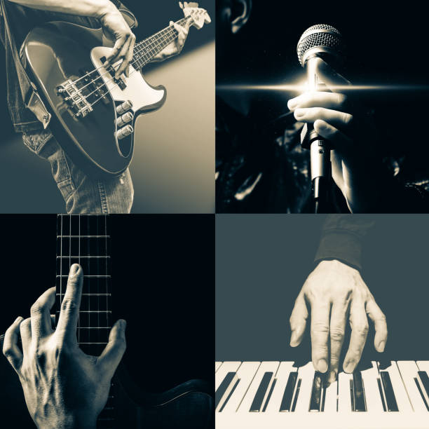 4 musicista. chitarrista, bassista, voce, pianista. filtro arte - assolo foto e immagini stock