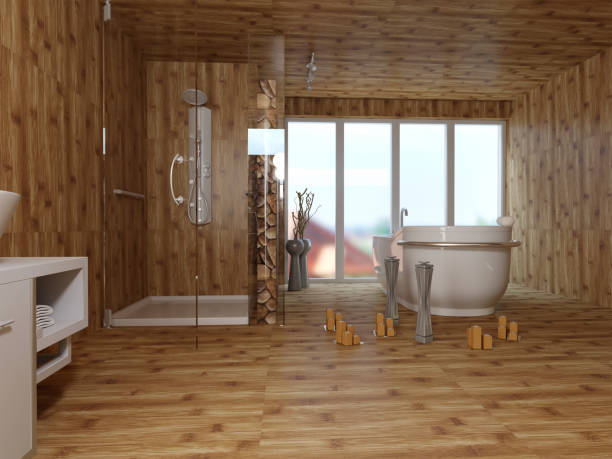 istock 3d rendering of wooden tiles bathroom interior design 1202535573