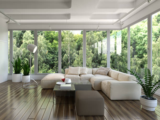 istock 3d rendering of living room with panoramic windows 1202535816