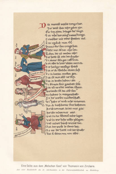"der wälsche gast" by thomasîn von zerclaere (13th century), faximile - manuscript medieval medieval illuminated letter old stock-grafiken, -clipart, -cartoons und -symbole