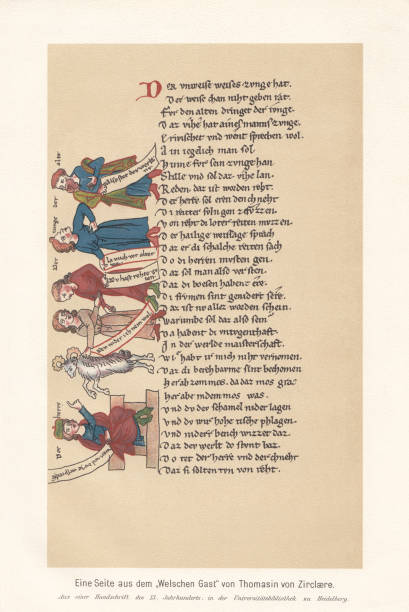 illustrations, cliparts, dessins animés et icônes de "der w'lsche gast" de thomasin von zerclaere (xiiie siècle), faximile - medieval illuminated letter