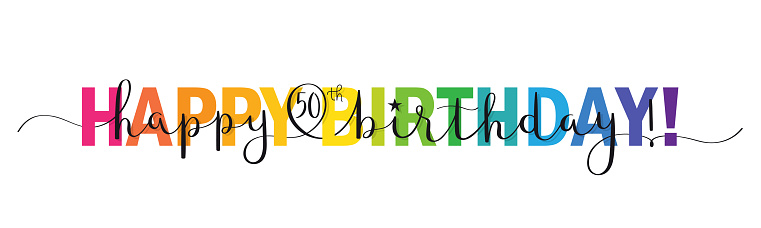 HAPPY 50th BIRTHDAY! rainbow gradient vector brush calligraphy banner with swashes