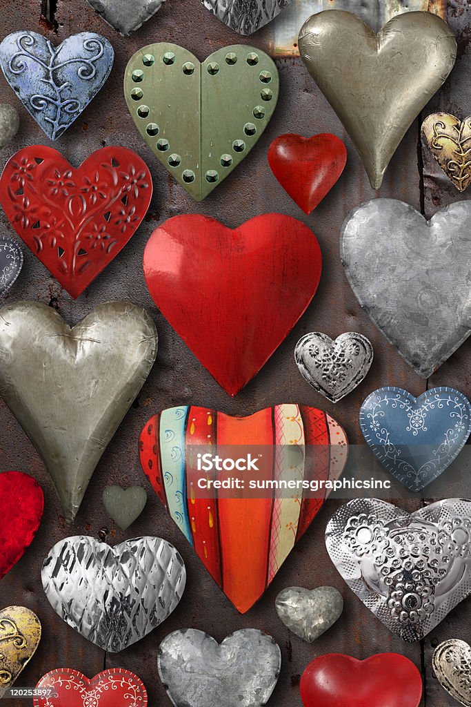 Heart shaped metal things Background of heart-shaped things made of metal and steel. Color Image Stock Photo