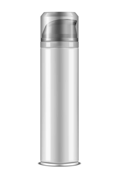 istock Spray or pump dispenser metal bottle with clear transparent lid, realistic vector mockup. White blank cosmetic tin can for deodorant or shaving foam, template 1202546198