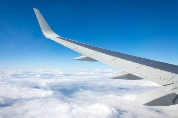 istock View of the passenger wing, from above from the clouds. 1202546934