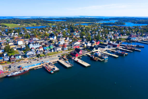 Aerial view of the city of Lunenburg in Nova Scotia, Canada Aerial view of the city of Lunenburg in Nova Scotia, Canada cabot trail stock pictures, royalty-free photos & images