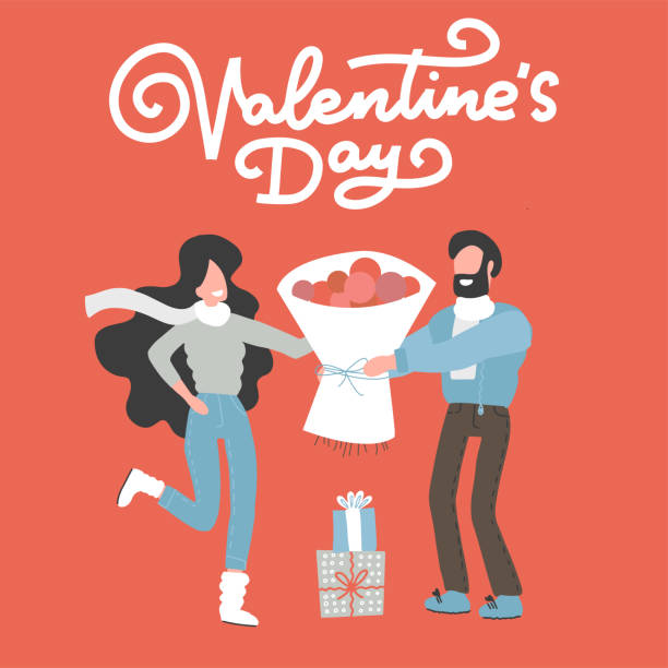 ilustrações de stock, clip art, desenhos animados e ícones de valentine s day card with happy couple. man giving to his woman a bouquet of flowers. flat hand drawn vector illustration. - women scarf sparse day