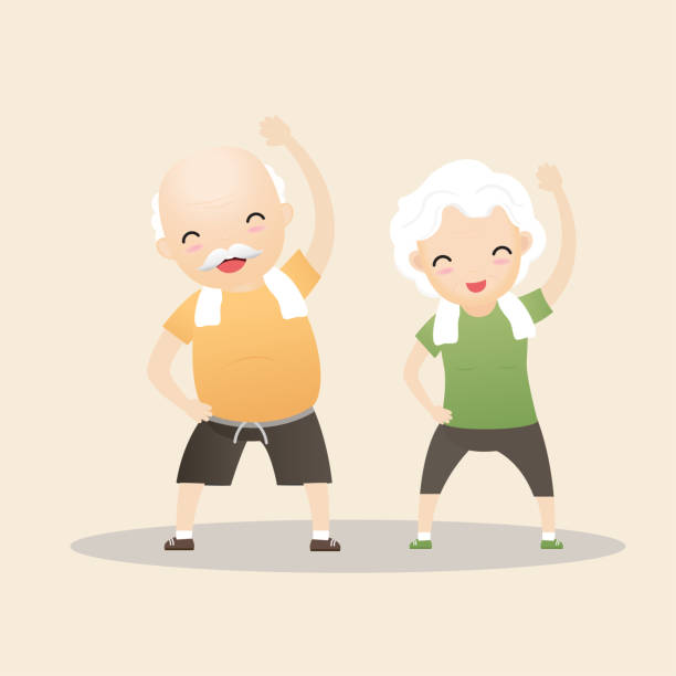 Elderly People Exercising Concept. Elderly people exercising. Active healthy workout aged people. Grandparents making morning exercises. Cartoon illustration isolated on background. Vector, illustration cartoon of the older people exercising gym stock illustrations
