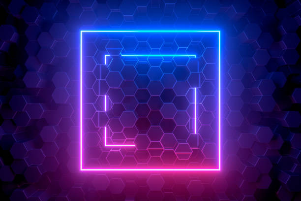 istock 3d abstract background with ultraviolet neon lights, empty frame, glowing tunnel door on hexagon pattern background. 1202558817