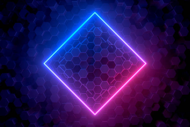 istock 3d abstract background with ultraviolet neon lights, empty frame, glowing tunnel door on hexagon pattern background. 1202559969