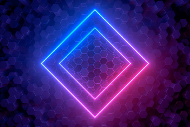istock 3d abstract background with ultraviolet neon lights, empty frame, glowing tunnel door on hexagon pattern background. 1202560139