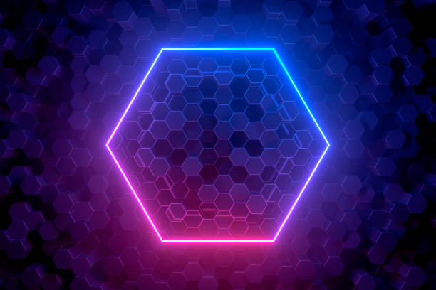 istock 3d abstract background with ultraviolet neon lights, empty frame, glowing tunnel door on hexagon pattern background. 1202560874