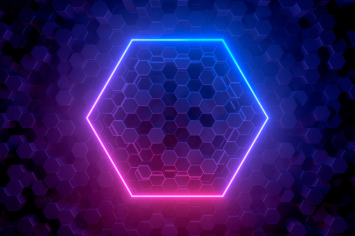 3d rendering of abstract hexagon pattern background with ultraviolet neon lights, empty frame, glowing lines. Black Background.