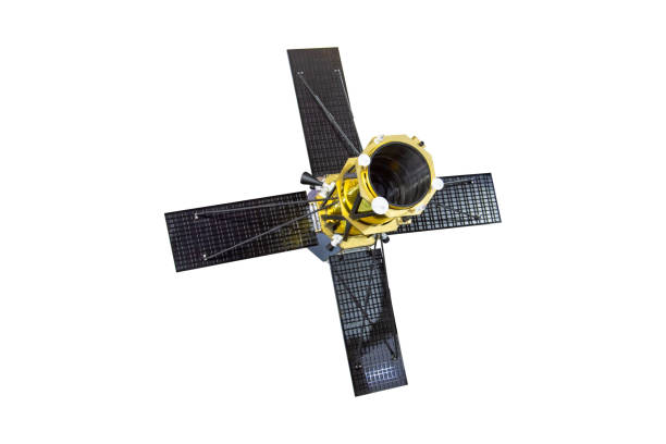 istock Spaceship satellite telescope with four solar panels open, isolated on white background. 1202562356