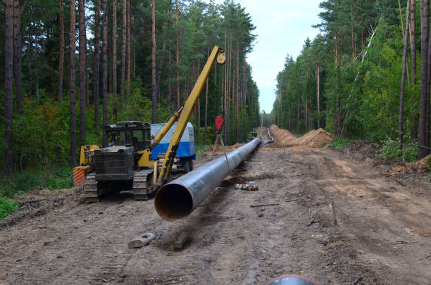 측면 붐 또는 파이프 레이어 불도저가있는 크롤러 크레인. 천연 가스 파이프 라인 건설 작업. - pipeline gas construction nature 뉴스 사진 이미지