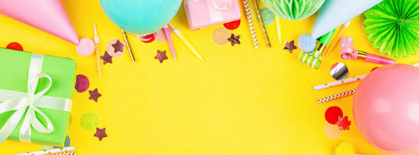 istock Birthday background, top view. Flat lay style. Mockup, template with copy space. Horizontal long banner for web design 1202565017