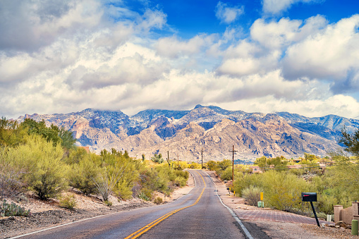 Stock photograph of a road at the foothills of Santa Catalina Mountains, Tucson, USA