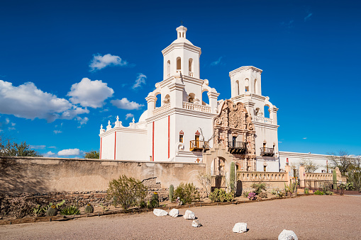 Stock photograph of the landmark Mission San Xavier del Bac Church in Tucson Arizona on a sunny day.