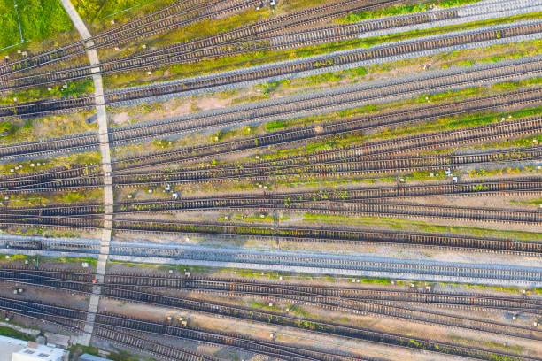 istock Network of railway tracks at a cargo station, top view. 1202567993