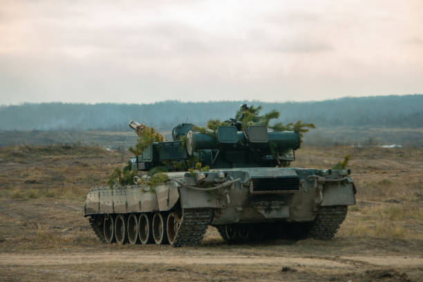 istock Battle tanks during demonstration performances at town 1202568876
