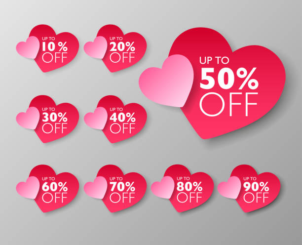 50% off sale tags. Set of 10% through 90% off Pink heart shape labels for sale promotional marketing. Vector illustration. 10%-90% off sale discount marketing design concept. Abstract vector illustration template for design use. through stock illustrations