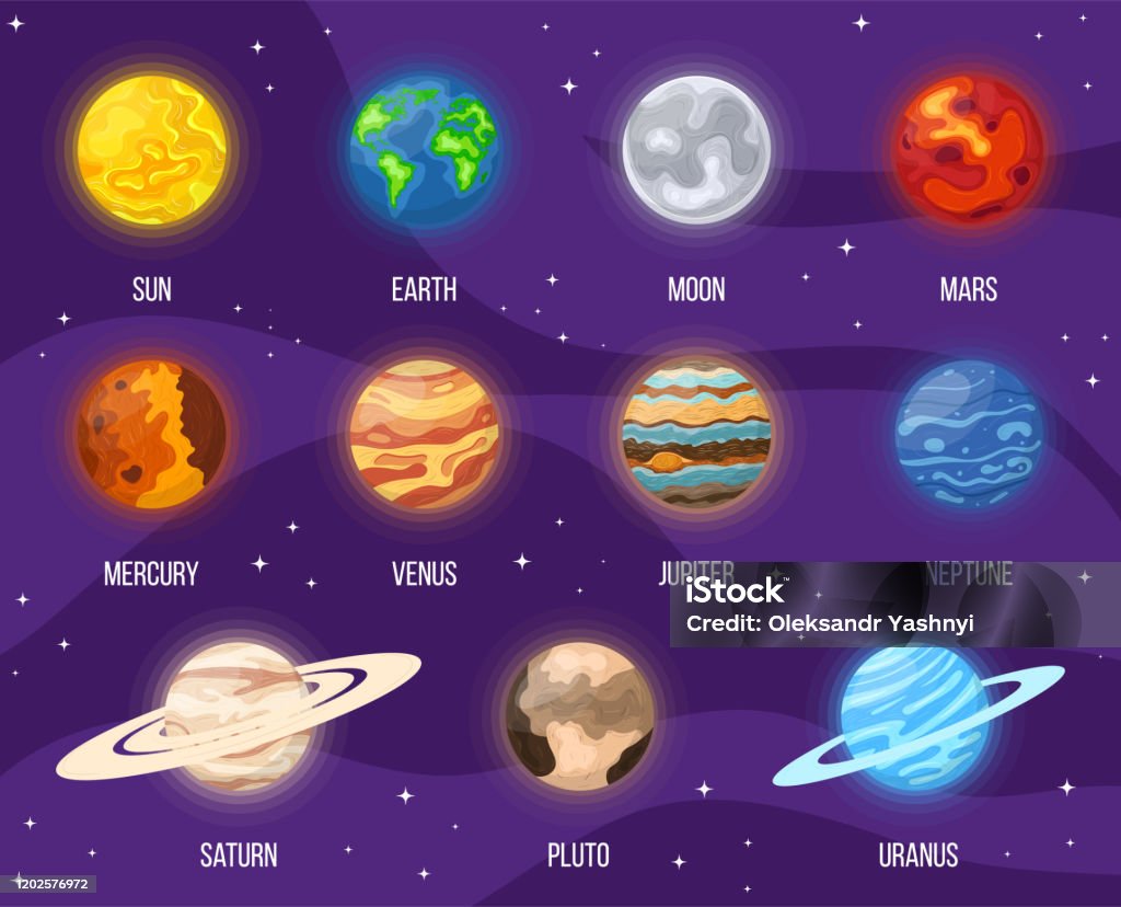 Ilustración de Conjunto De Planetas Del Sistema Solar De Dibujos Animados  En El Espacio Universo Colorido Con Sol Luna Tierra Estrellas Y Planetas  Del Sistema Ilustración Vectorial Para Cualquier Diseño y más