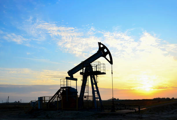 pumpjack (platformie wiertniczej) w zachodzie słońca. wiertarka wiertnicza i gniazdo pompowe - oil pump sunset mining drilling rig zdjęcia i obrazy z banku zdjęć