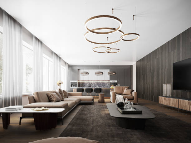 Luxury living room with modern kitchen