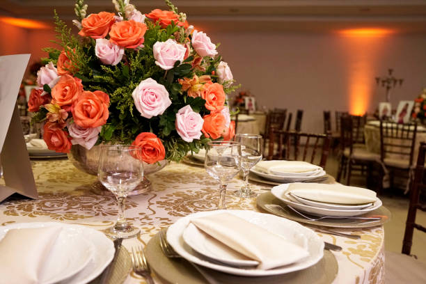istock Table setting with glasses, plates, napkins and food 1202580116