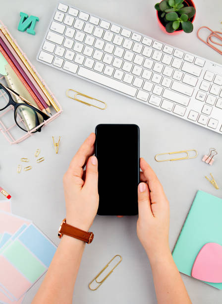 istock Keyboard and office supply top view. Communication network concept. Online education, Technology background. Online business, home office, information blog concept. Top view. 1202583325